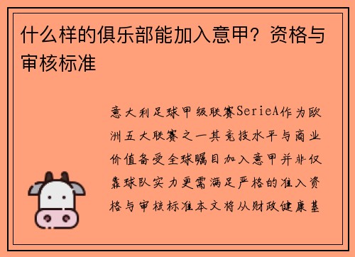 什么样的俱乐部能加入意甲？资格与审核标准